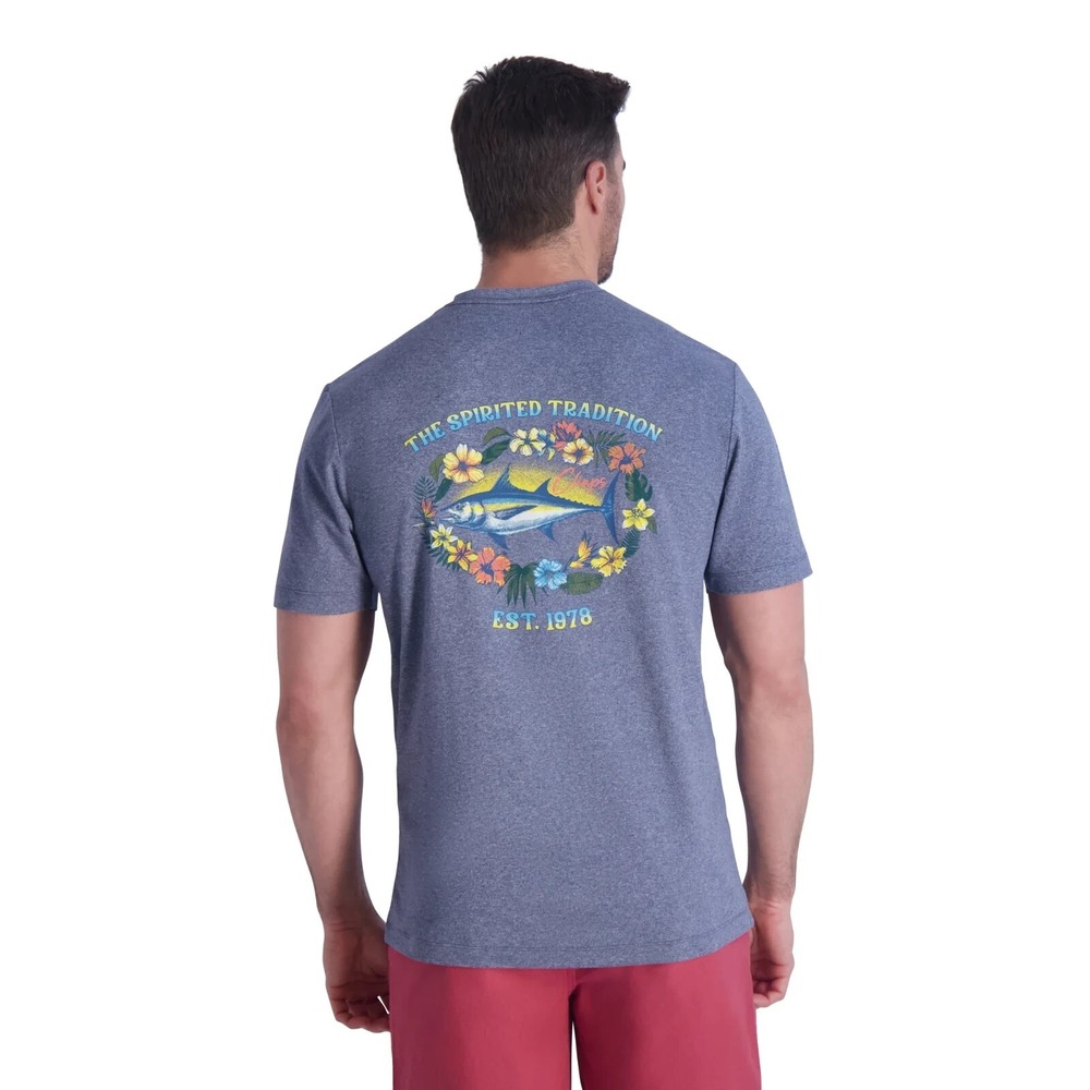 Chaps men's t-shirt Medium M Spirited tradition floral fish blue poly spandex